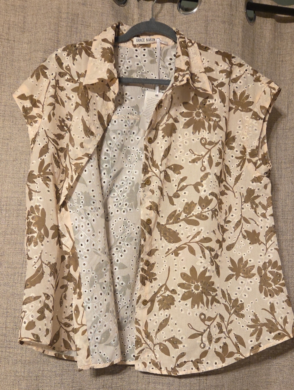 Grace Karin Cream and Brown Floral Eyelet Button-Down Top